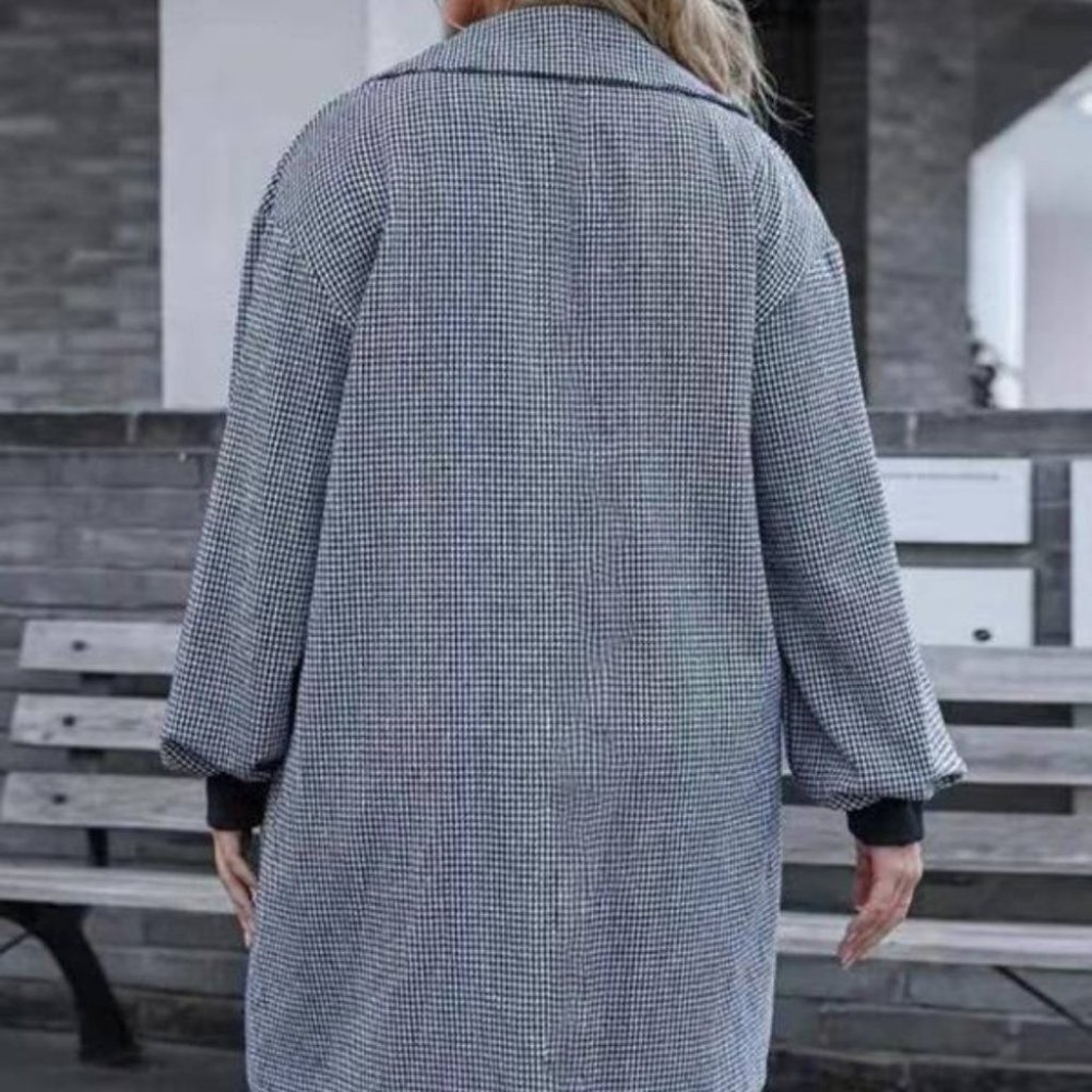Plus Houndstooth Print Lantern Sleeve Double Breas - Picture 6 of 7